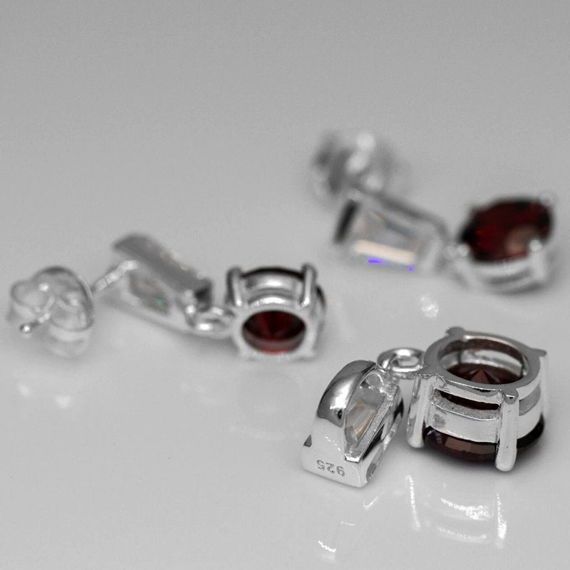 Red Garnet And Diamond Sterling Silver Ladies Pendant Necklace Earrings Set