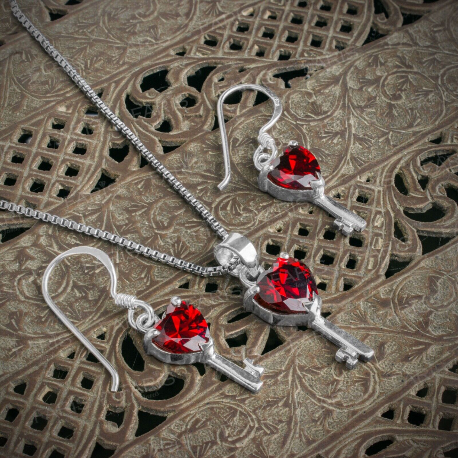 Red Garnet Gemstone Pendant and Earring Set Key To My Heart Gift Jewellery