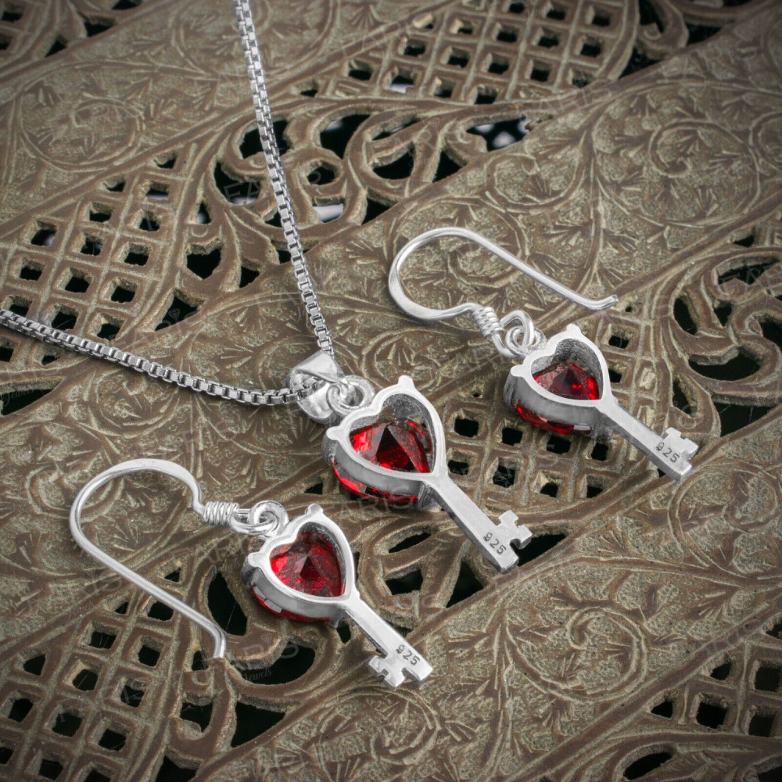 Red Garnet Gemstone Pendant and Earring Set Key To My Heart Gift Jewellery