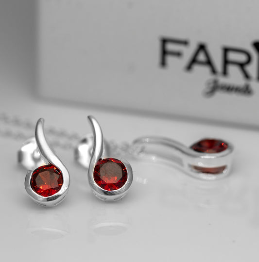 Red Garnet Music Note Sterling Silver Ladies Pendant Necklace Earrings Set - Faris Jewels