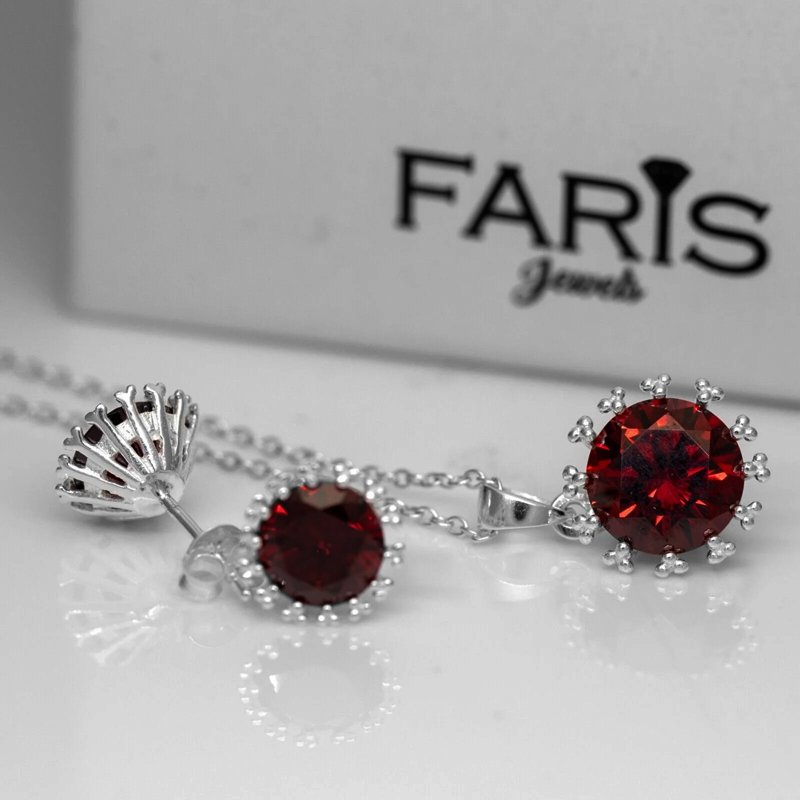 Round Red Garnet Sterling Silver Ladies Pendant Necklace Earrings Set Jewellery