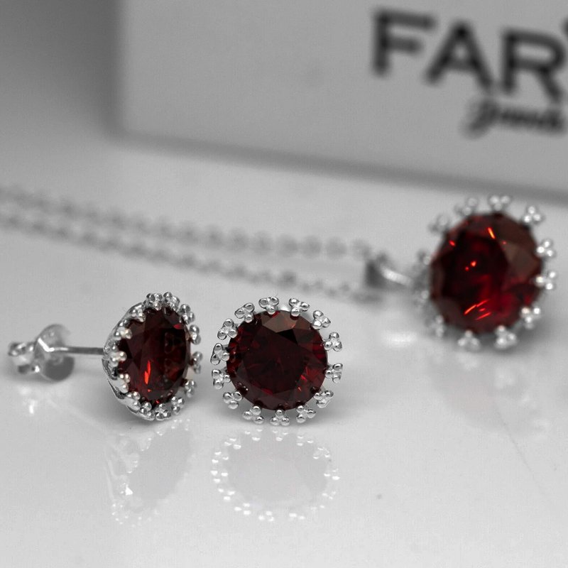 Round Red Garnet Sterling Silver Ladies Pendant Necklace Earrings Set Jewellery
