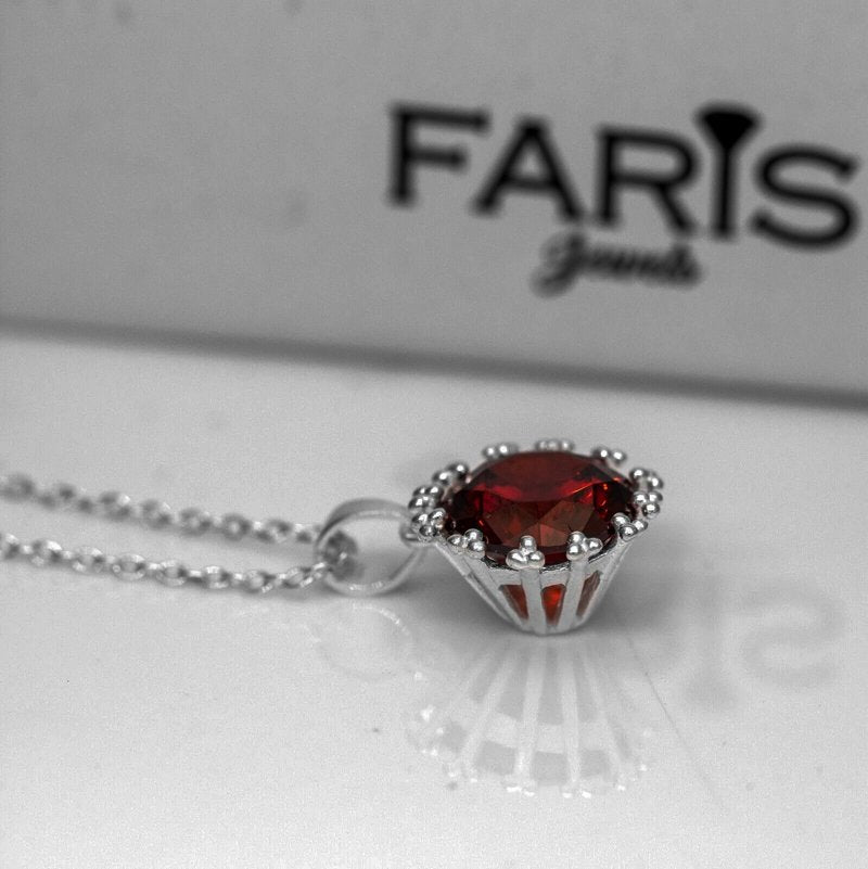 Round Red Garnet Sterling Silver Ladies Pendant Necklace Earrings Set Jewellery