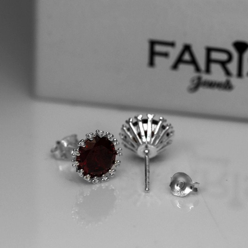 Round Red Garnet Sterling Silver Ladies Pendant Necklace Earrings Set Jewellery