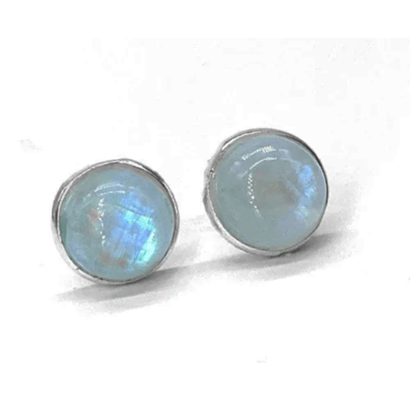 Genuine 925 Sterling Silver Round Moonstone Earrings Studs Gemstone - Faris Jewels