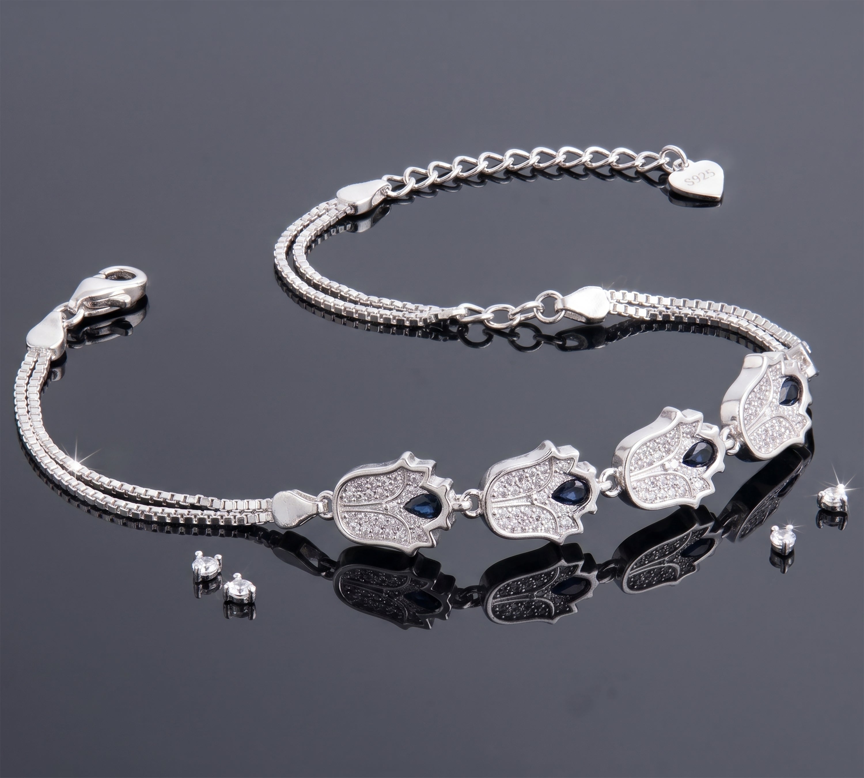 925 Sterling Silver Blue Sapphire & CZ Gemstone Tulip Adjustable Bracelet
