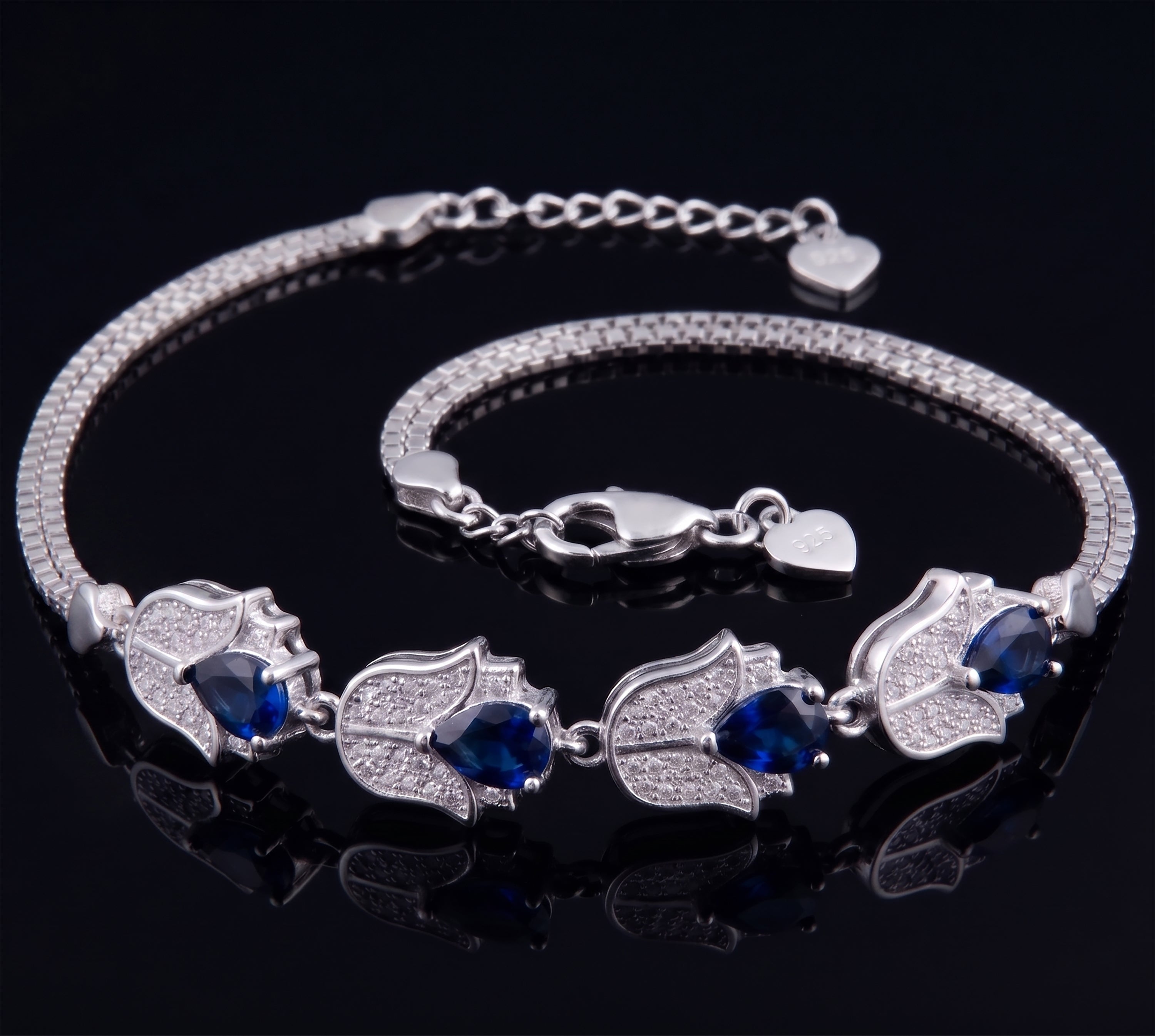 925 Sterling Silver Blue Sapphire & CZ Gemstone Tulip Adjustable Bracelet