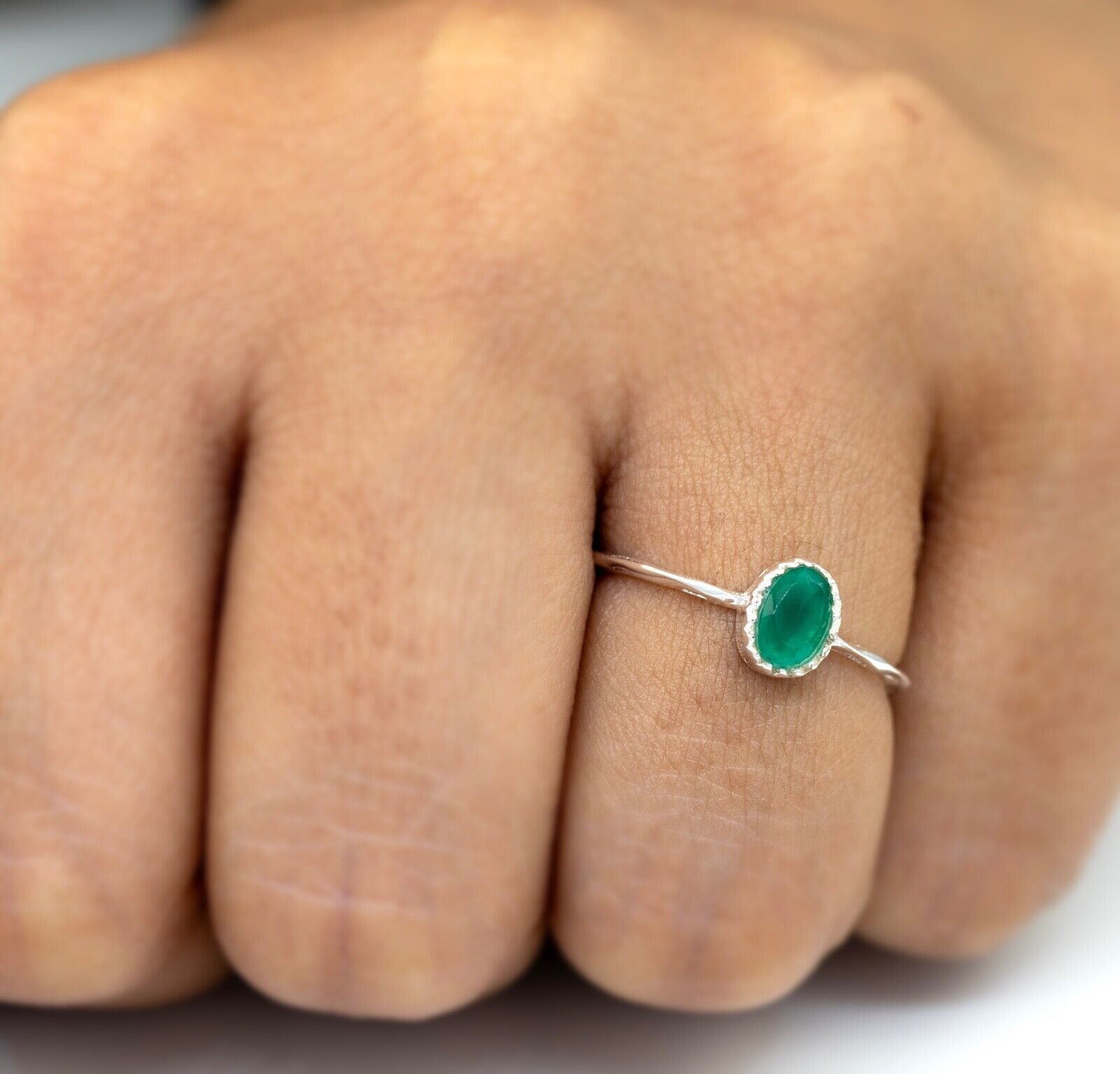 Simulated Green Emerald Crystal Sterling Silver Dainty Ring Women's Jewellery