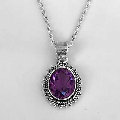 Sterling Silver 925 Amethyst Pendant Oval Gemstone Designer Necklace Jewellery
