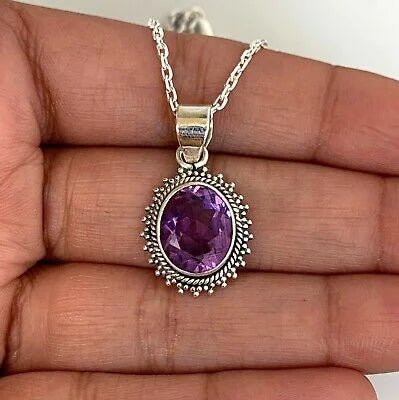 Sterling Silver 925 Amethyst Pendant Oval Gemstone Designer Necklace Jewellery