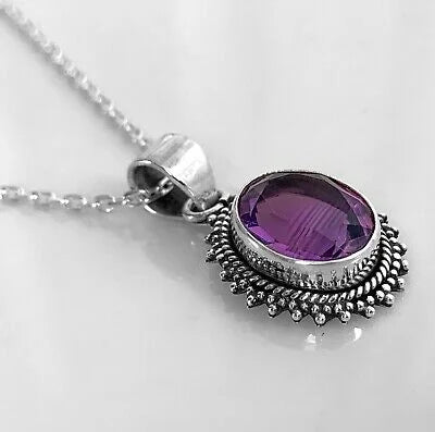 Sterling Silver 925 Amethyst Pendant Oval Gemstone Designer Necklace Jewellery