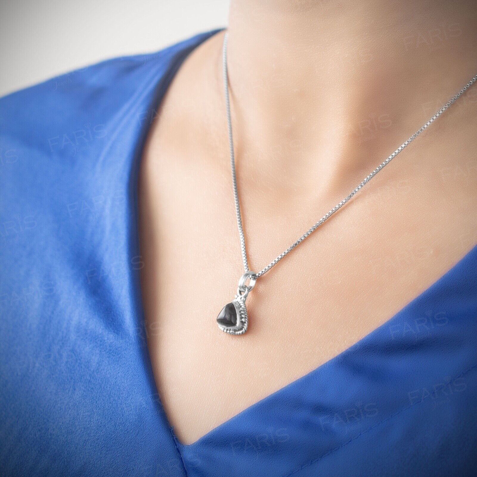 Sterling Silver 925 Black Onyx Trillion Gemstone Pendant Necklace Jewellery