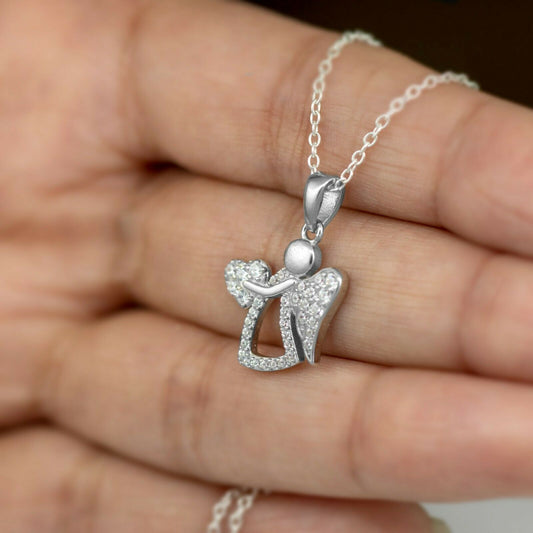 Sterling Silver 925 Diamond Pendant Necklace Angel Heart Love Ladies Jewellery - Faris Jewels