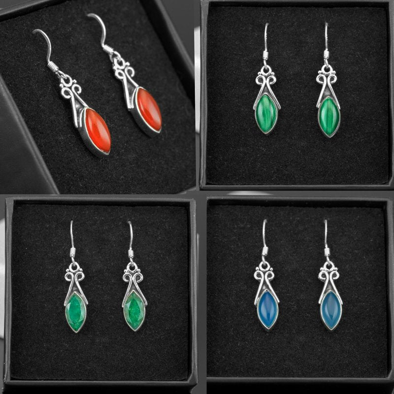 Sterling Silver 925 Ladies Marquise Gemstone Malachite Chalcedony Drop Earrings