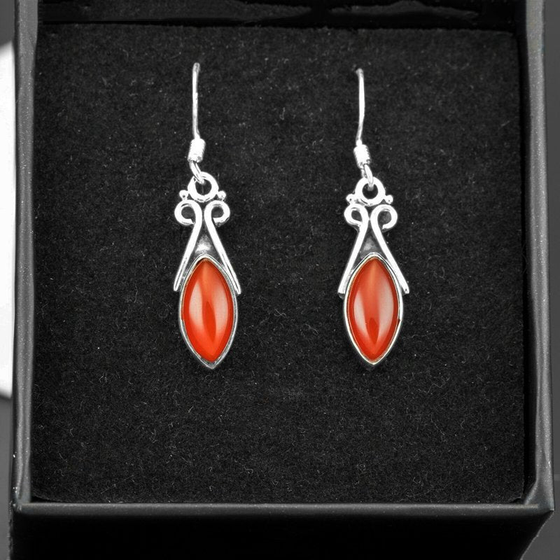 Sterling Silver 925 Ladies Marquise Gemstone Malachite Chalcedony Drop Earrings