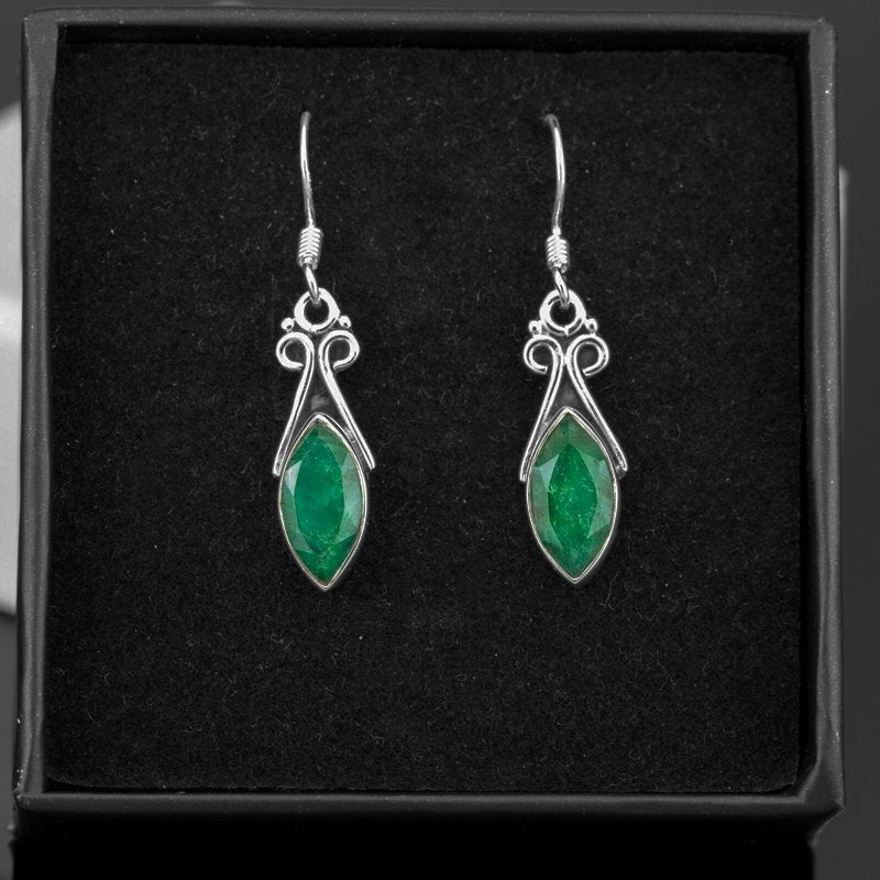 Sterling Silver 925 Ladies Marquise Gemstone Malachite Chalcedony Drop Earrings
