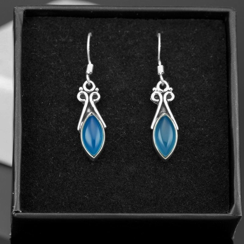 Sterling Silver 925 Ladies Marquise Gemstone Malachite Chalcedony Drop Earrings