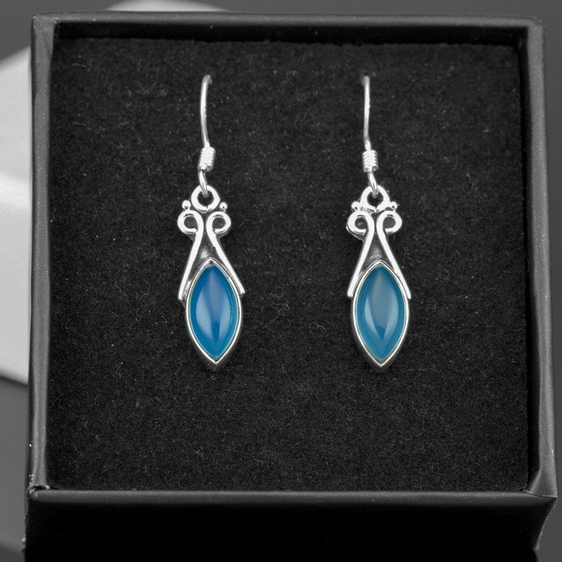 Sterling Silver 925 Ladies Marquise Gemstone Malachite Chalcedony Drop Earrings