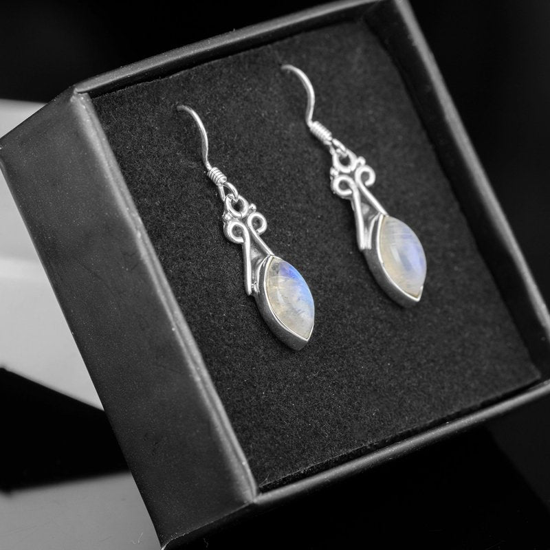 Sterling Silver 925 Ladies Marquise Gemstone Moonstone Drop Dangle Earrings Jewellery Gift Jewelry