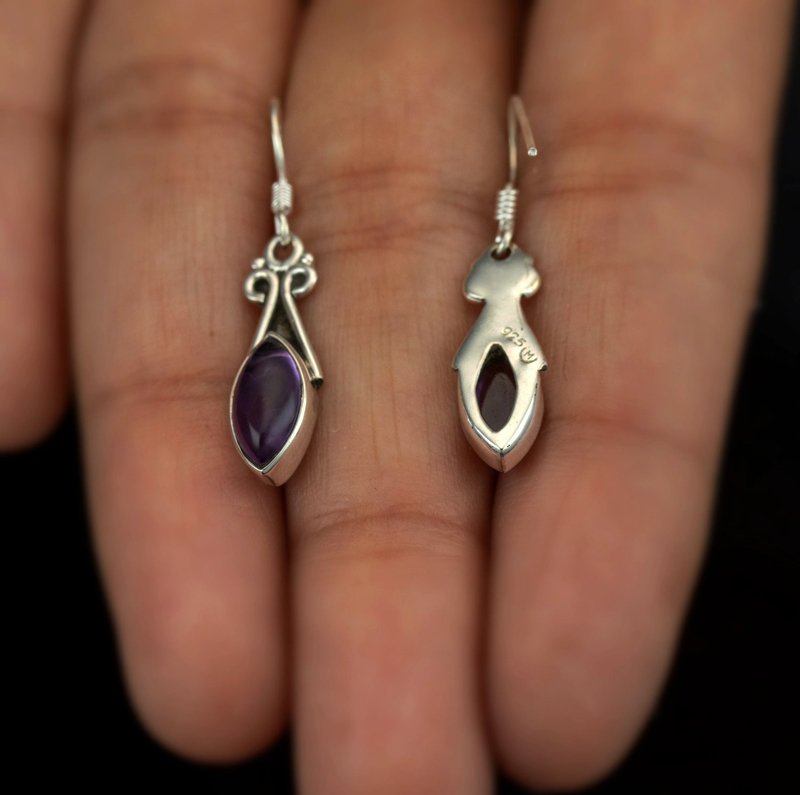 Sterling Silver 925 Ladies Marquise Gemstone Purple Amethyst Drop Dangle Earrings Jewellery Gift Jewelry