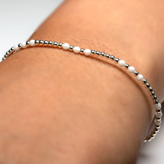 Sterling Silver 925 Ladies White Pearl Stretch Bracelet Bead Gemstone Jewellery - Faris Jewels