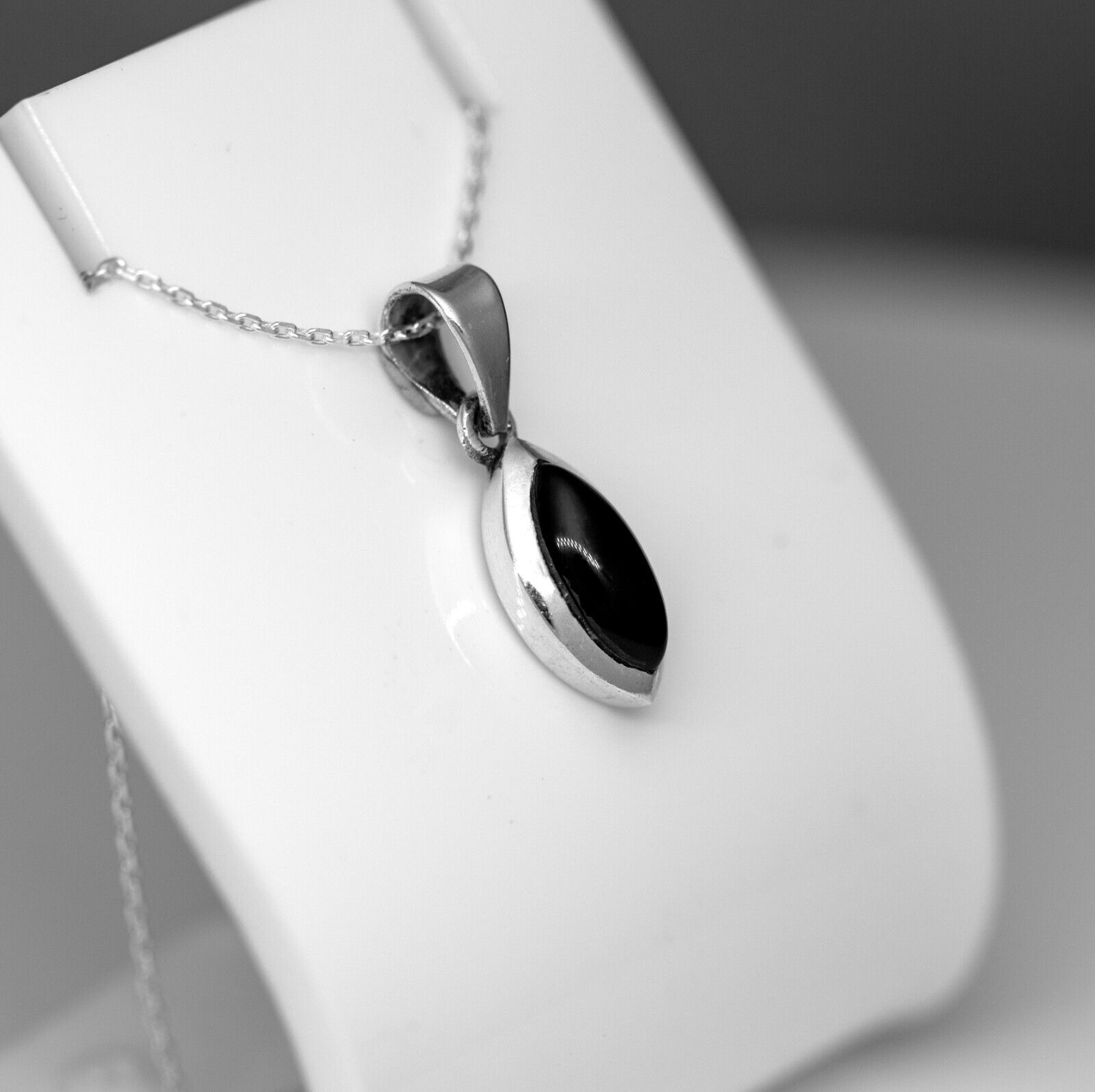 Sterling Silver 925 Marquise Cut Onyx Pendant Necklace Ladies Jewellery
