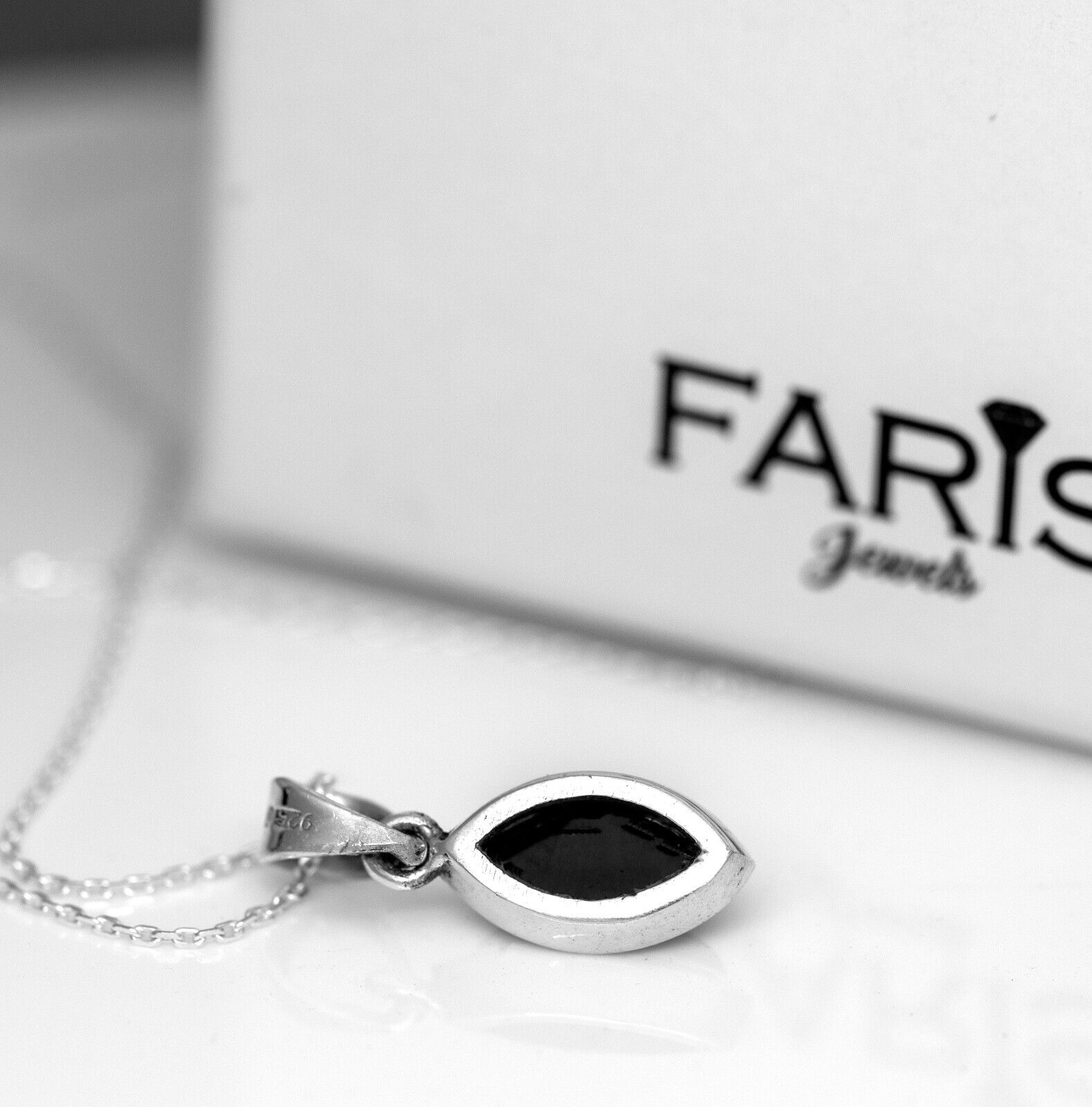 Sterling Silver 925 Marquise Cut Onyx Pendant Necklace Ladies Jewellery