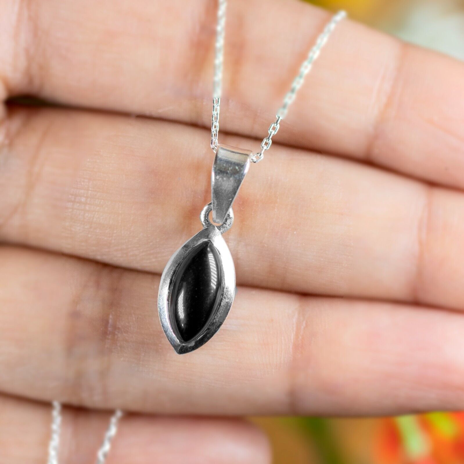 Sterling Silver 925 Marquise Cut Onyx Pendant Necklace Ladies Jewellery
