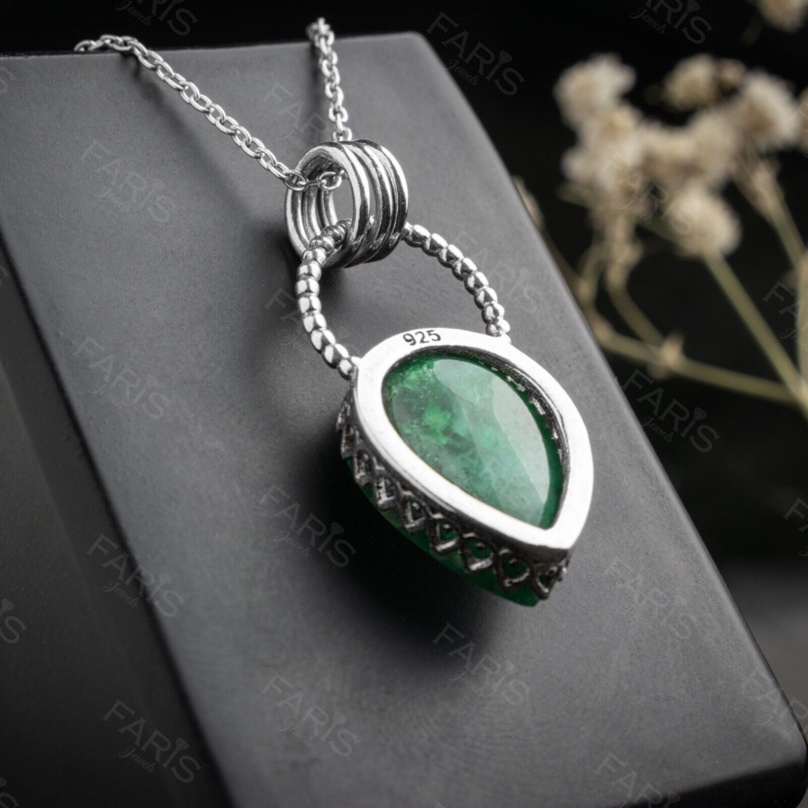 Sterling Silver 925 Pear Cut Green Emerald Gemstone Pendant Necklace Jewellery