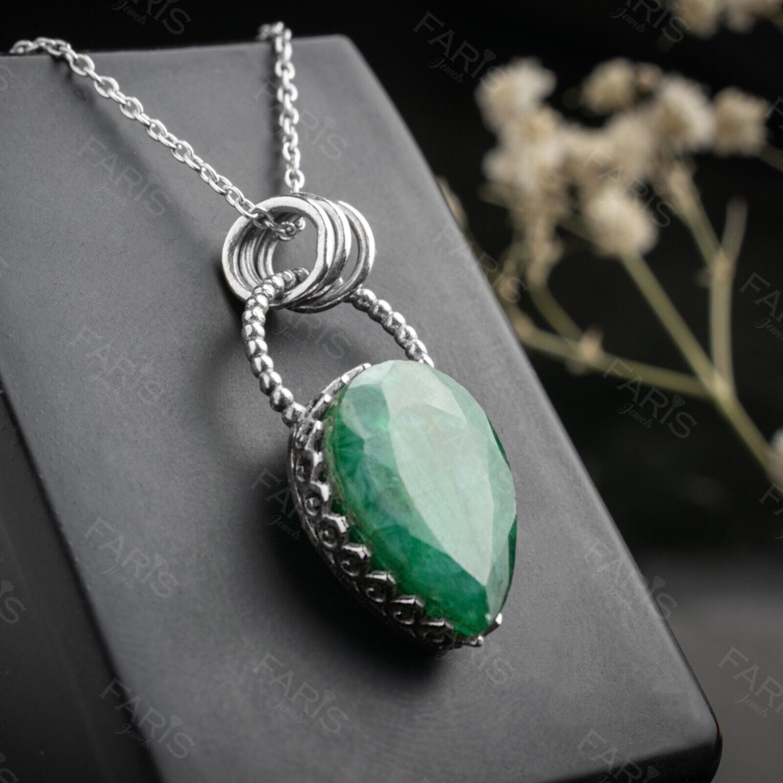Sterling Silver 925 Pear Cut Green Emerald Gemstone Pendant Necklace Jewellery