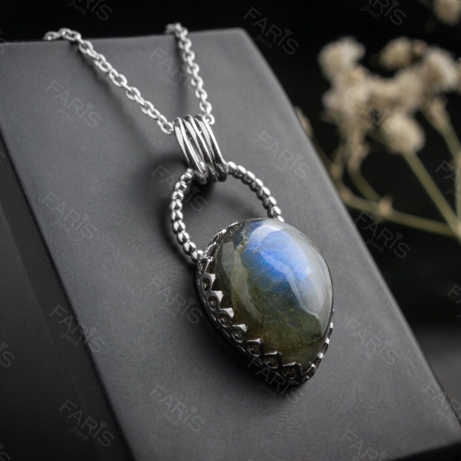 Sterling Silver 925 Pear Cut Labradorite Gemstone Pendant Necklace Jewellery