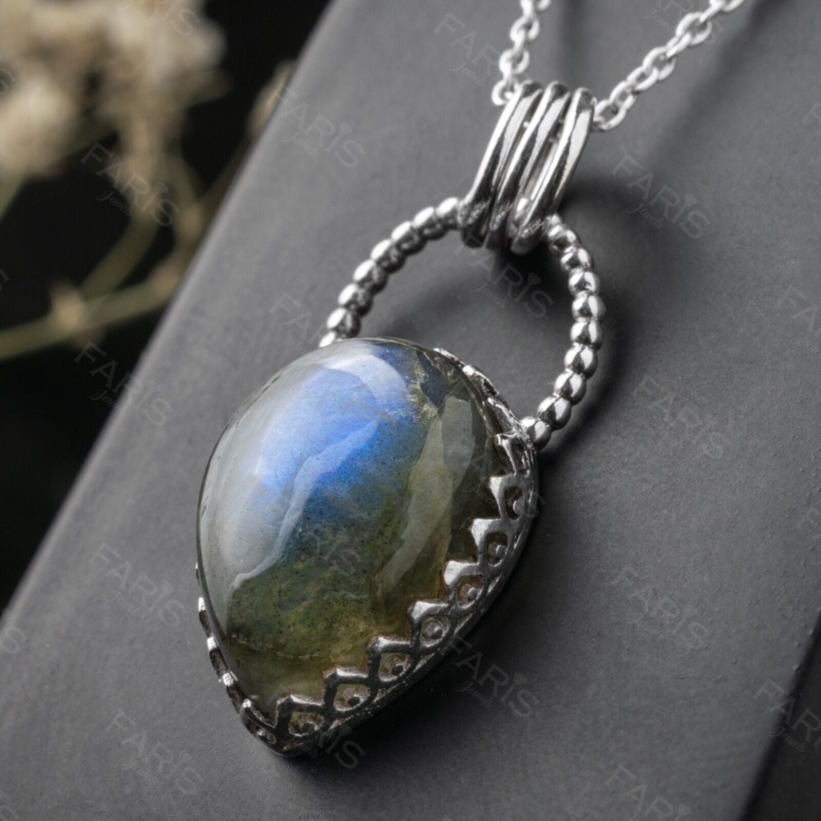 Sterling Silver 925 Pear Cut Labradorite Gemstone Pendant Necklace Jewellery