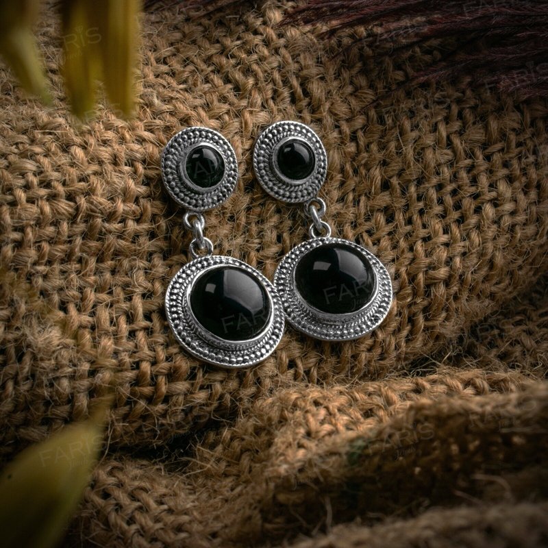 Sterling Silver Black Onyx Vintage Antique Drop Dangle Ladies Earrings Jewellery