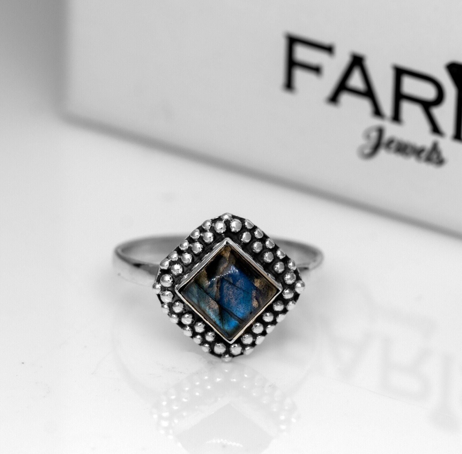 Sterling Silver Cushion Labradorite Moonstone Amethyst Gemstone Ladies Ring - Faris Jewels