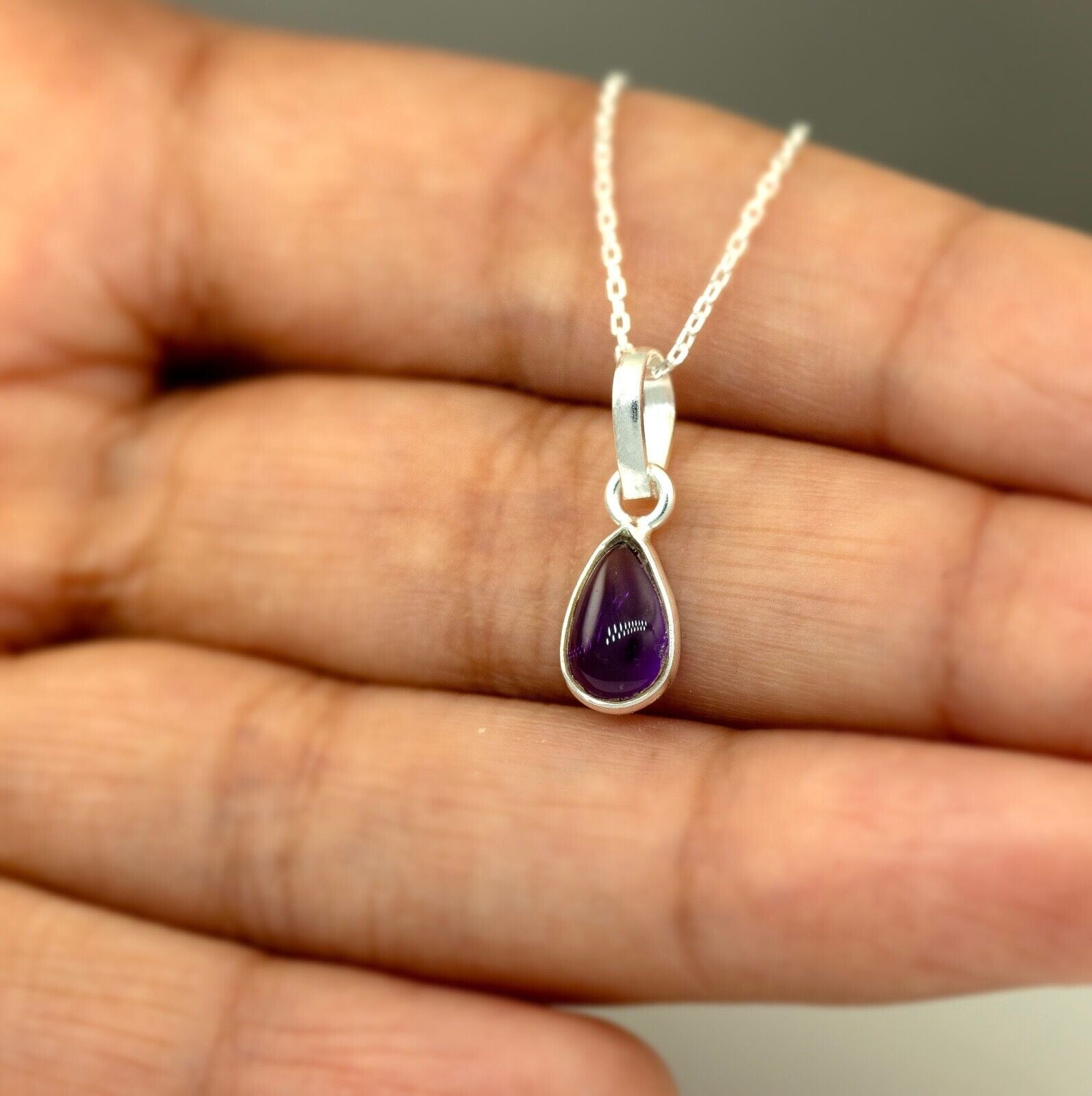 Sterling Silver Elegant Pear Cut Amethyst Gemstone Pendant Necklace Ladies Jewellery
