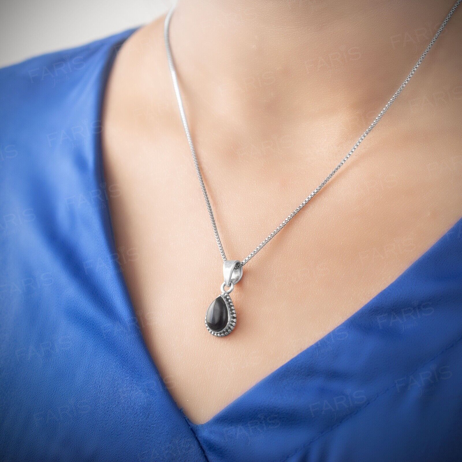 Sterling Silver Elegant Pear Cut Black Onyx Gemstone Pendant Necklace Ladies Jewellery