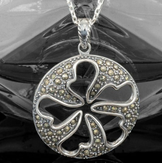 Sterling Silver MARCASITE Ladies Round Necklace Pendant Jewellery Gift Boxed - Faris Jewels
