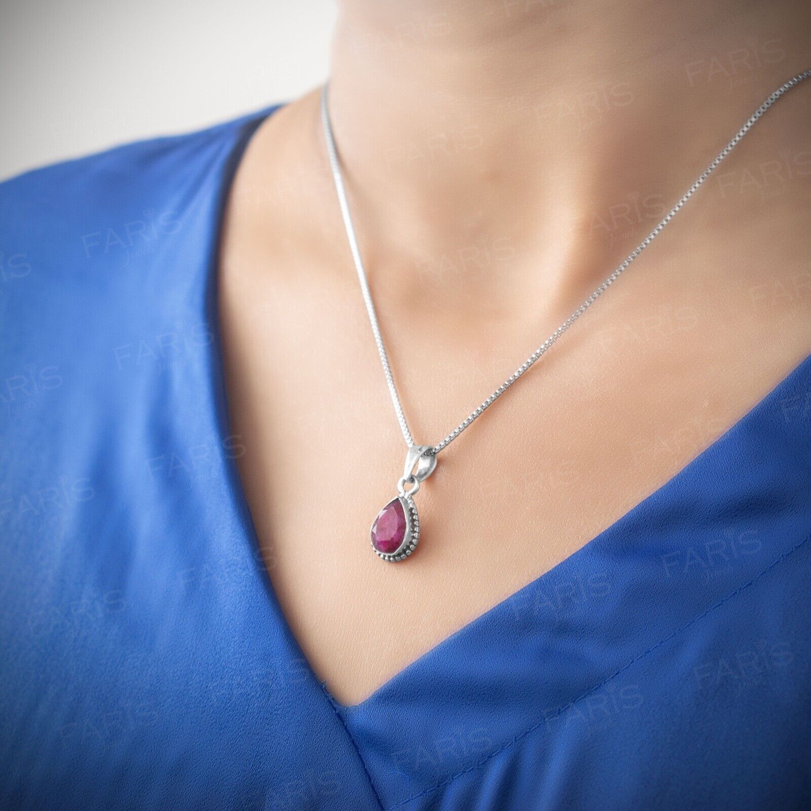Sterling Silver Pear Cut Red Ruby Gemstone Pendant Necklace Ladies Jewellery - Faris Jewels