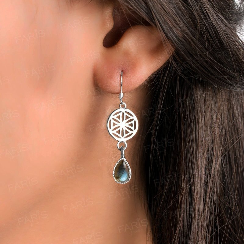 Sterling Silver Pear Labradorite Gemstone Drop Dangle Ladies Mandala Earrings
