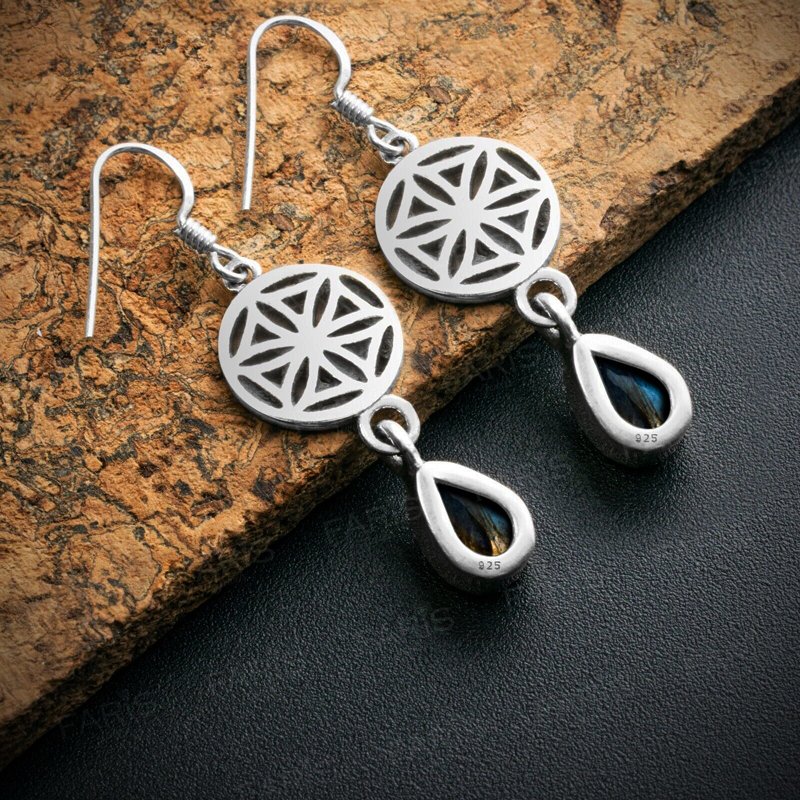 Sterling Silver Pear Labradorite Gemstone Drop Dangle Ladies Mandala Earrings