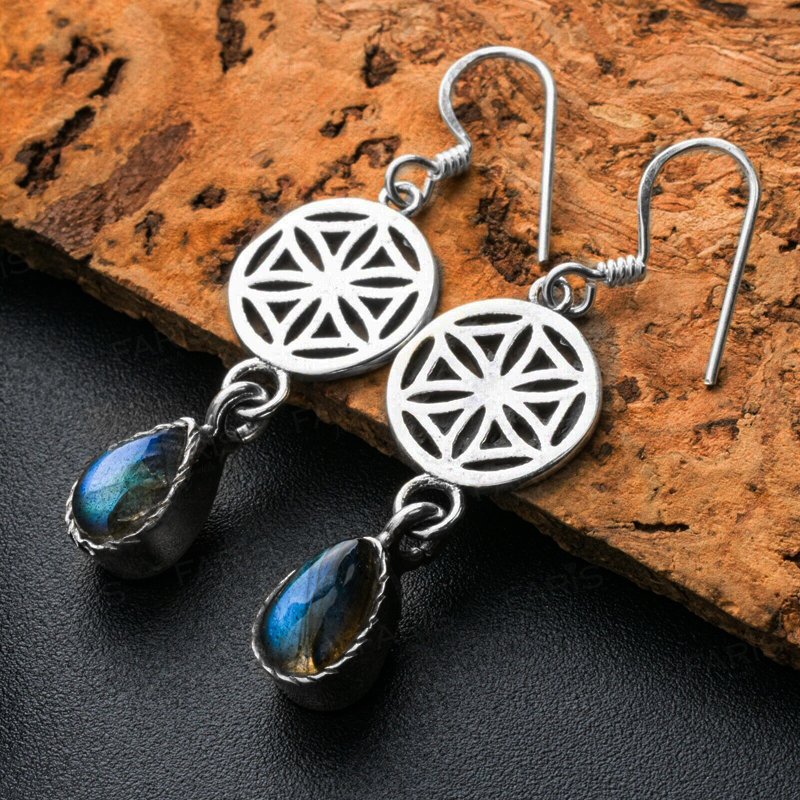 Sterling Silver Pear Labradorite Gemstone Drop Dangle Ladies Mandala Earrings