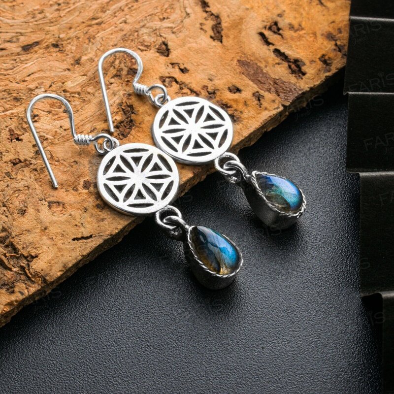 Sterling Silver Pear Labradorite Gemstone Drop Dangle Ladies Mandala Earrings