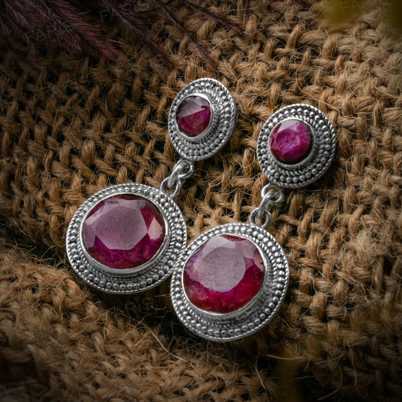 Sterling Silver Red Ruby Vintage Antique Drop Dangle Ladies Earrings Jewellery