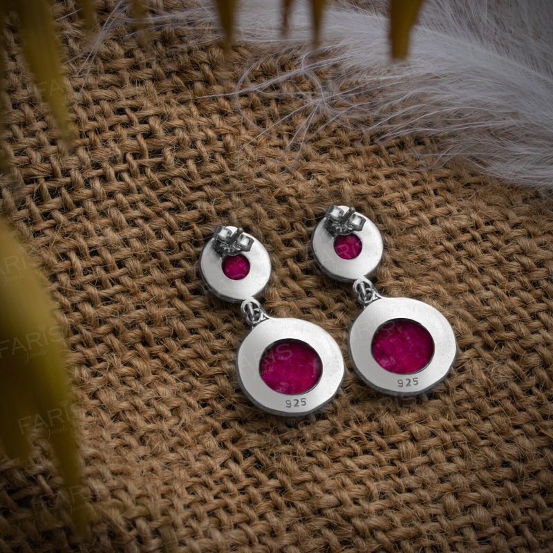 Sterling Silver Red Ruby Vintage Antique Drop Dangle Ladies Earrings Jewellery