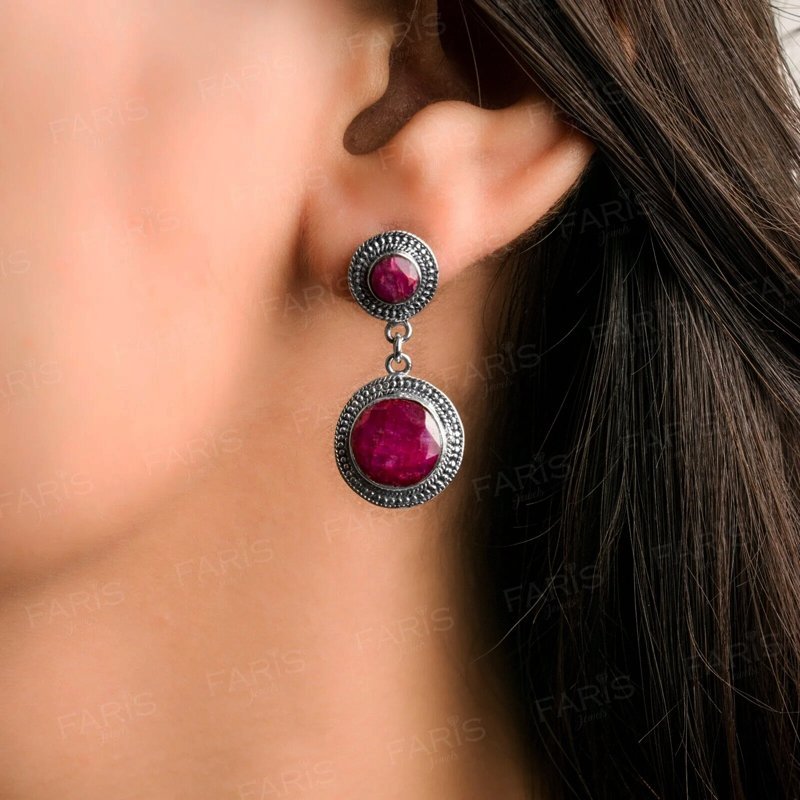 Sterling Silver Red Ruby Vintage Antique Drop Dangle Ladies Earrings Jewellery
