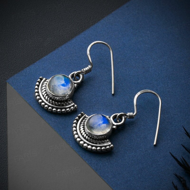 Sterling Silver Round Cut Moonstone Gemstone Drop Dangle Ladies Fan Earrings
