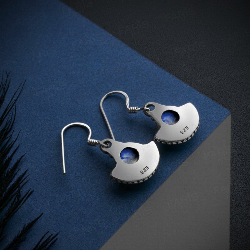 Sterling Silver Round Cut Moonstone Gemstone Drop Dangle Ladies Fan Earrings