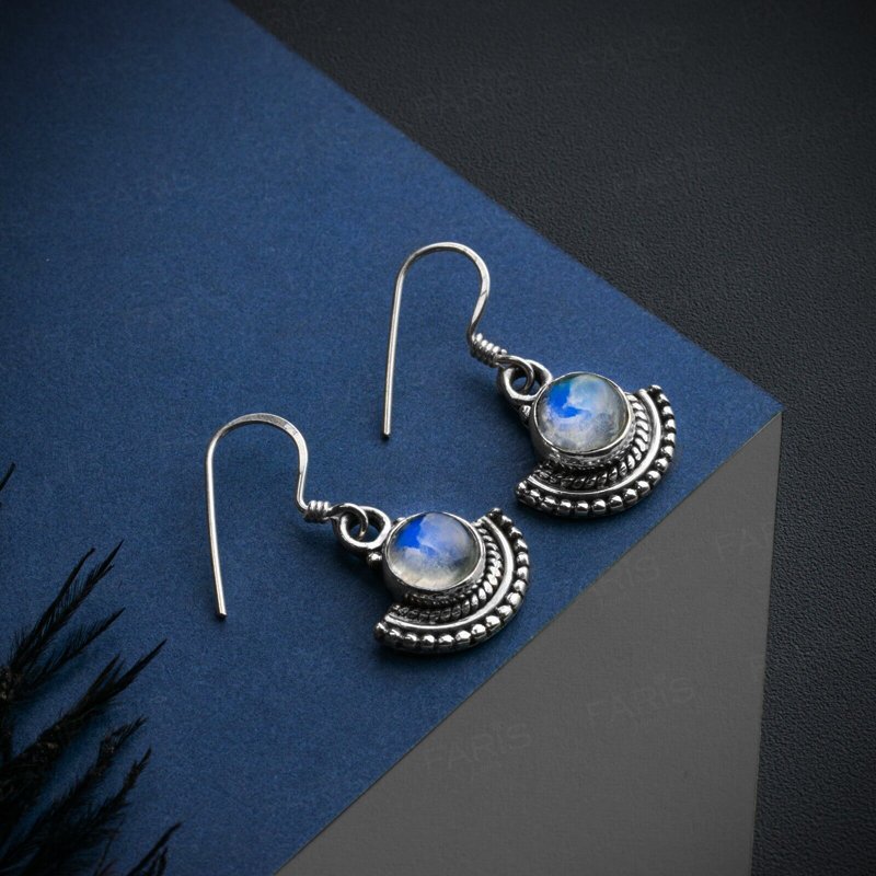 Sterling Silver Round Cut Moonstone Gemstone Drop Dangle Ladies Fan Earrings