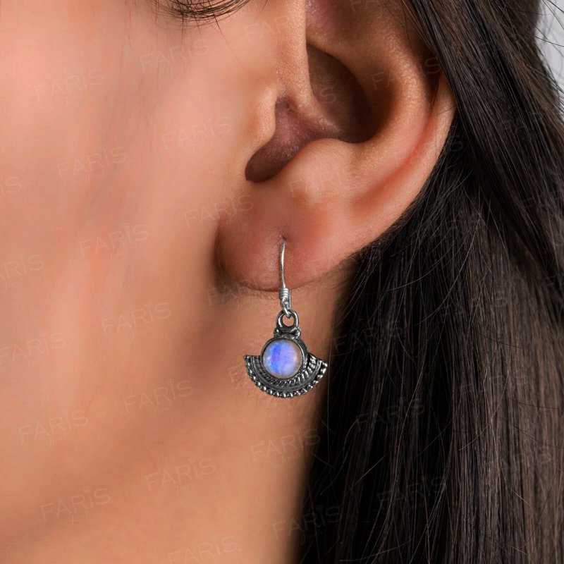 Sterling Silver Round Cut Moonstone Gemstone Drop Dangle Ladies Fan Earrings