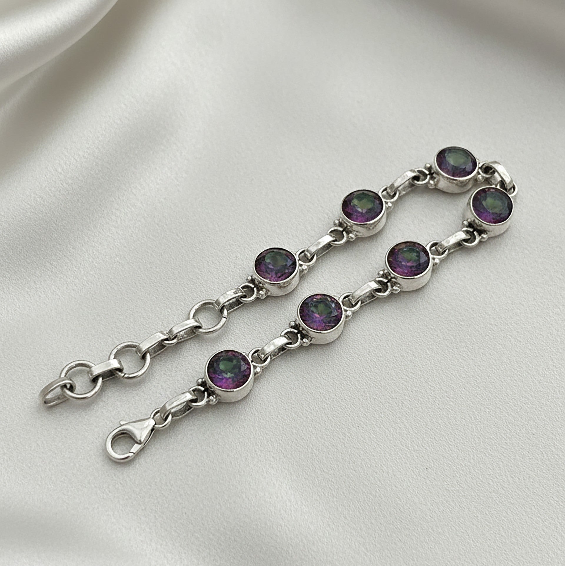 925 Sterling Silver Rainbow Mystic Topaz Round Gemstone Ladies Bracelet